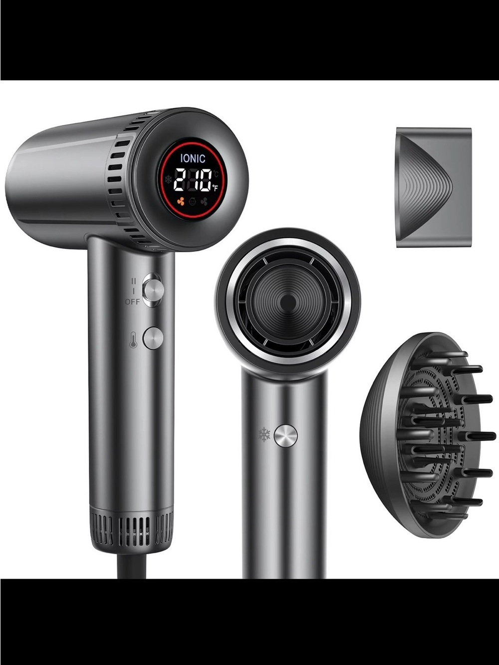 Digital Ionic Hair Dryer with Diffuser & Nozzle - Metallic Gray
